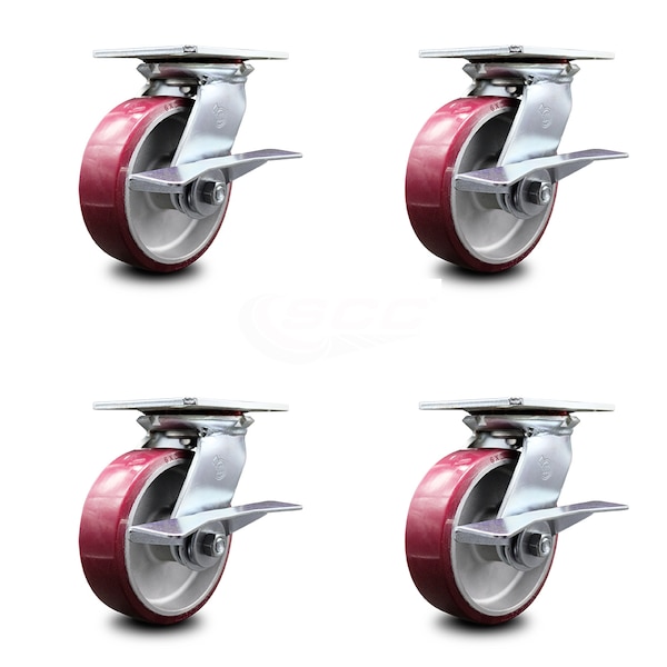6 Inch Heavy Duty Poly on Aluminum Caster Set with Roller Bearings and Brakes